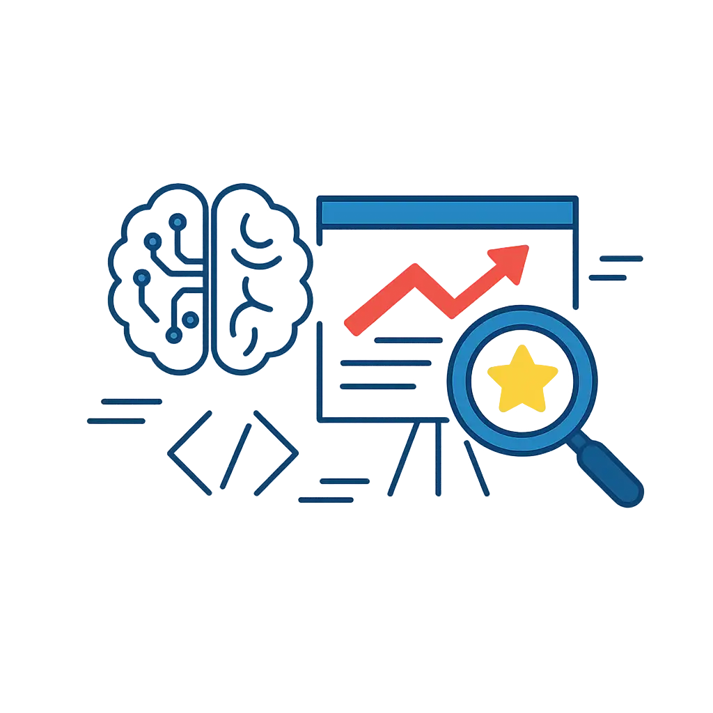 Illustration eines Gehirns mit Schaltkreisen, eines steigenden Diagramms auf einem Präsentationsboard und einer Lupe, die einen Stern vergrößert.