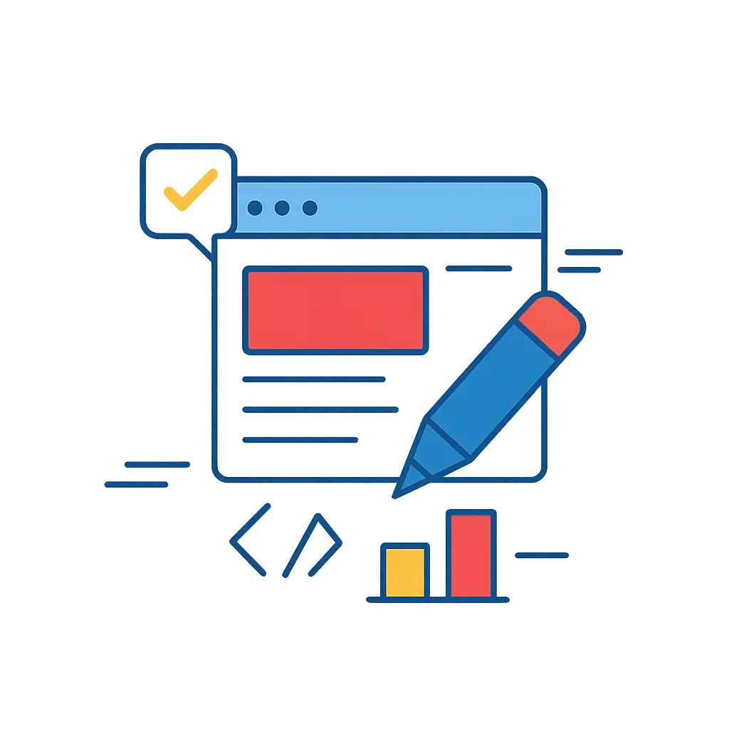 Grafische Darstellung einer Webseite mit einem Stift, Symbolen für Code und Statistiken, darunter ein Häkchen in einer Sprechblase.