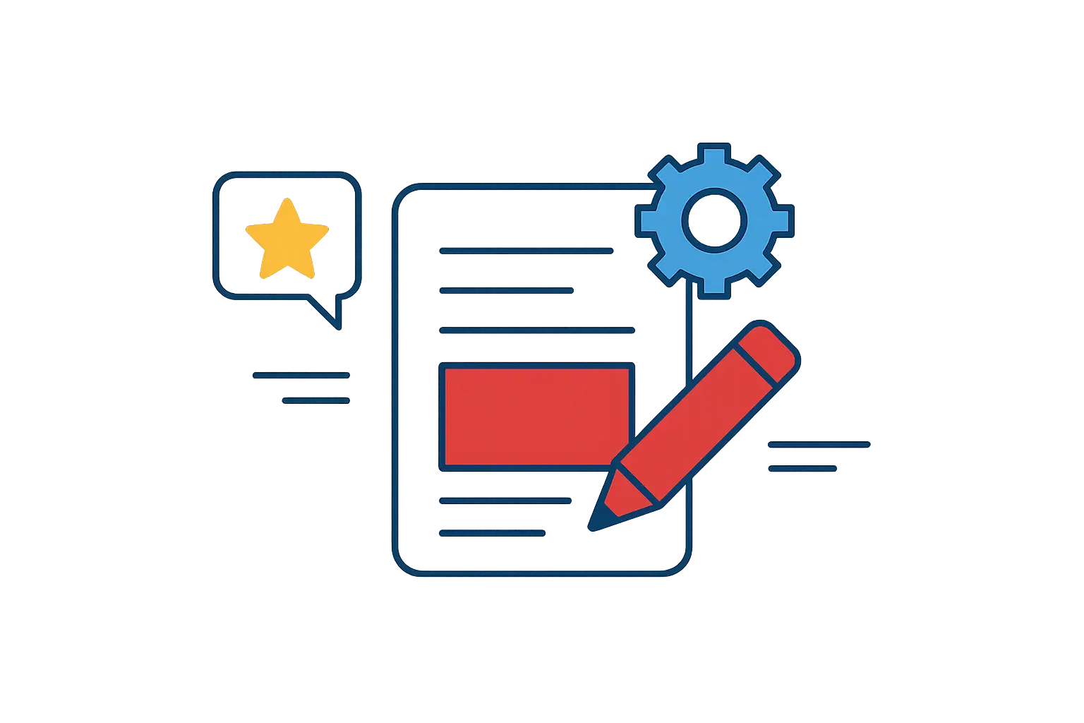 Illustration eines Dokuments mit einem roten Stift, einem blauen Zahnrad und einer gelben Sternbewertung in einer Sprechblase.
