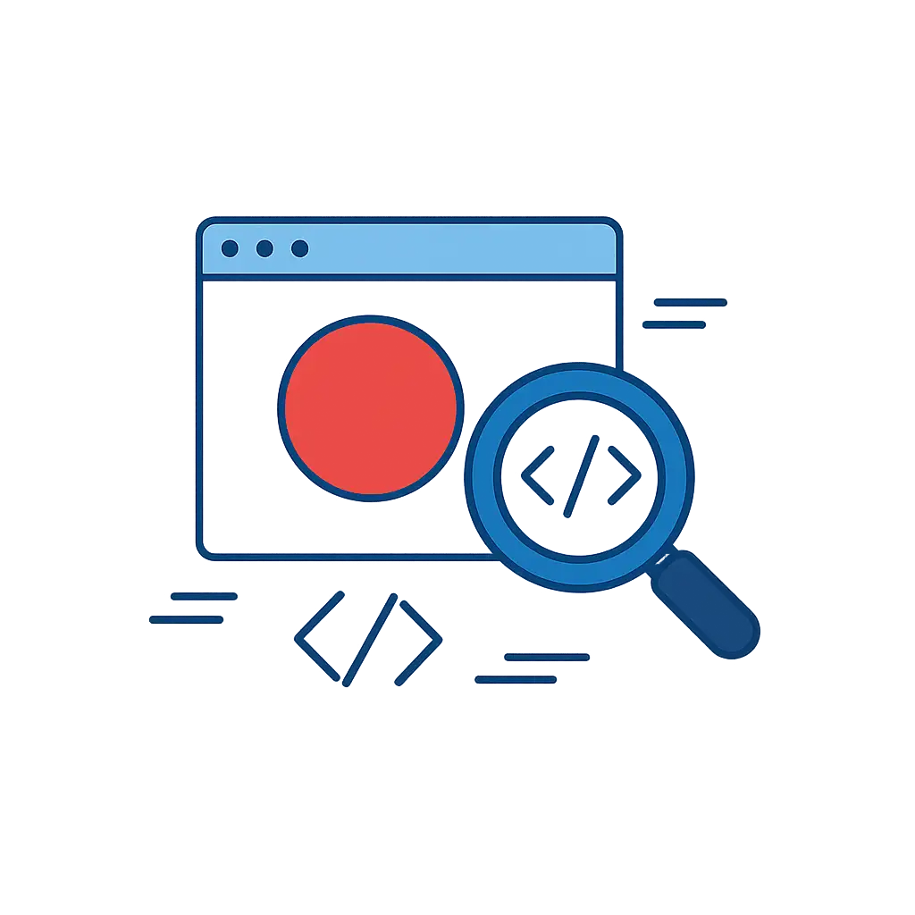 Browserfenster mit rotem Kreis und einer Lupe, die HTML-Code-Tags anzeigt, symbolisiert Code-Suche oder Website-Analyse.