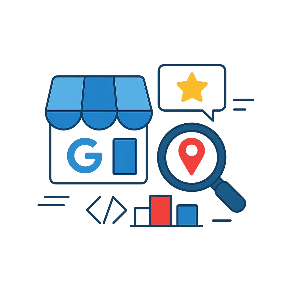 Symbole eines Google-Geschäftsprofils mit Ladenfront, Standort-Suchlupe, Bewertungsstern und Statistikanzeige.