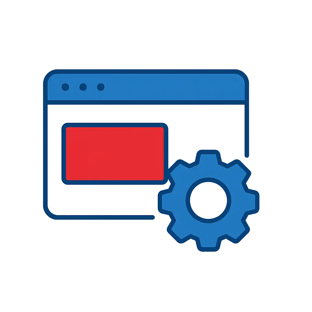 Symbol eines blauen Browserfensters mit einem roten Feld und einem Zahnrad, das Einstellungen darstellt.