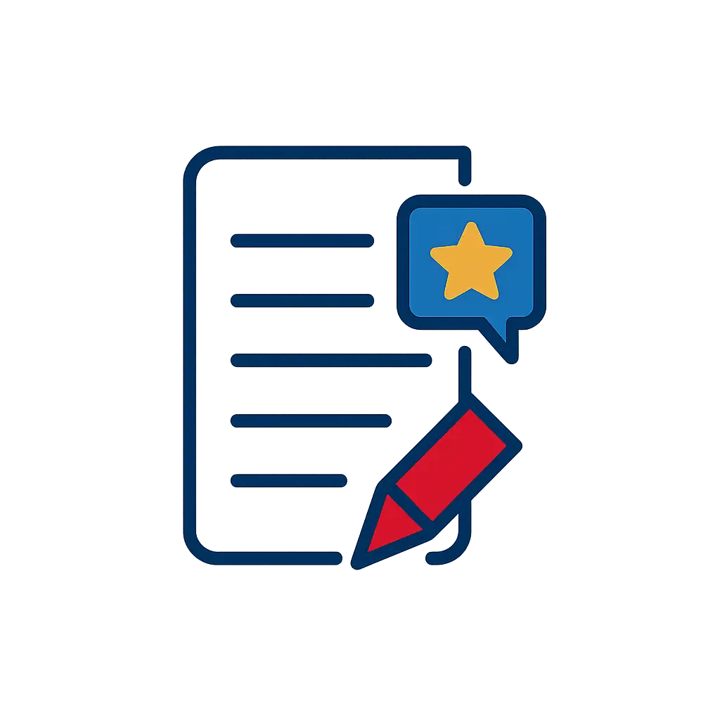 Blauer Notizzettel mit Textzeilen, gelbem Stern in Sprechblase und rotem Stift-Symbol.