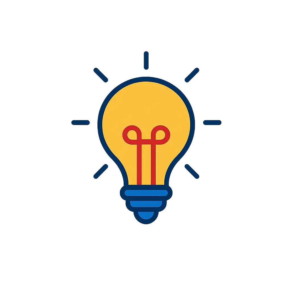 Stilisierte Glühbirne mit gelbem Glaskörper, rotem Glühdraht und blauem Sockel vor braunem und blauem Hintergrund.