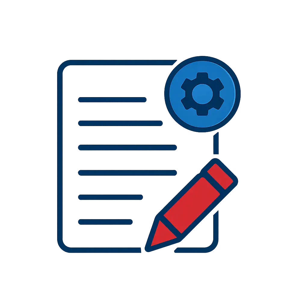 Symbol eines Dokuments mit rotem Bleistift und blauem Zahnrad für Inhaltserstellung und Einstellungen.