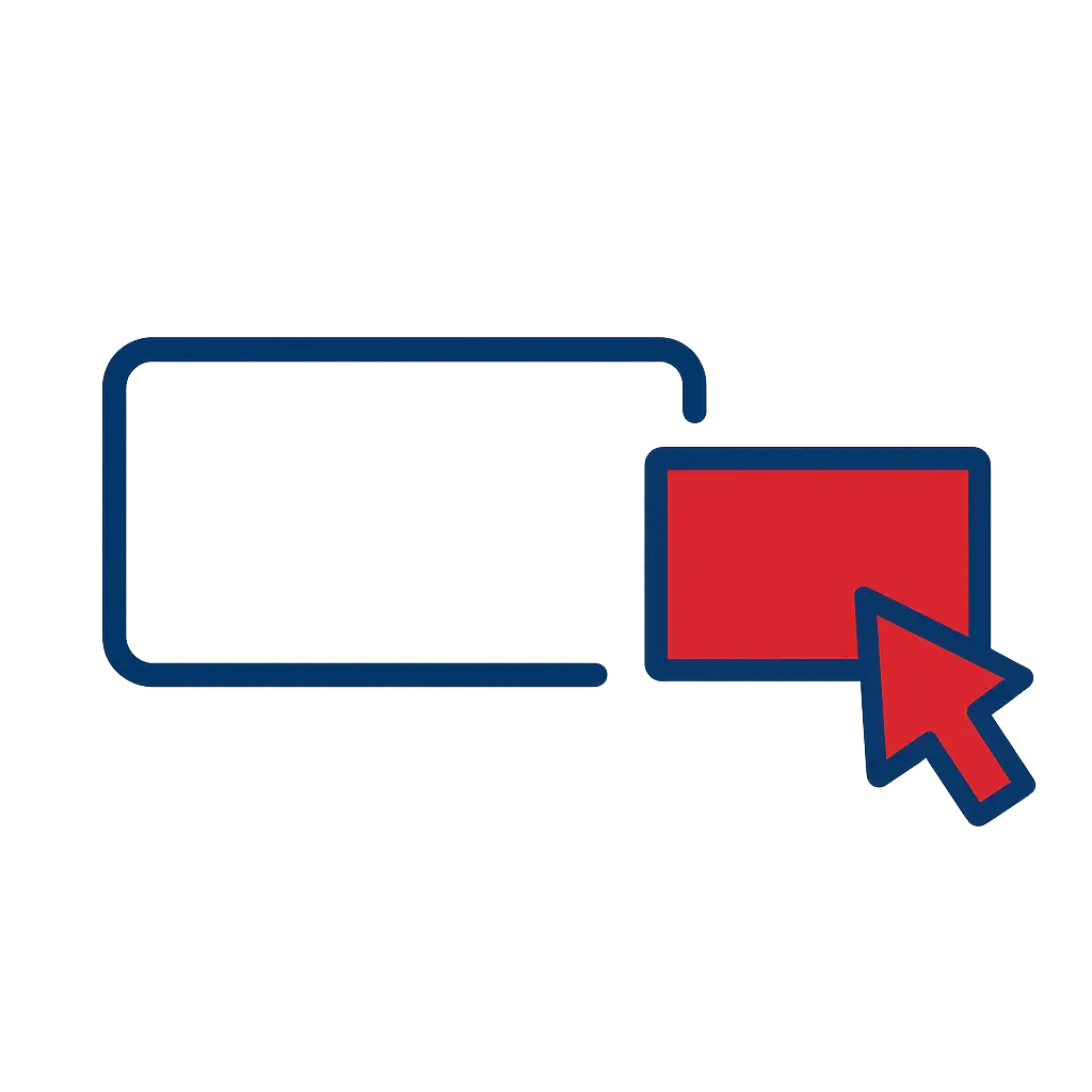 Roter Mausklick-Cursor zeigt auf ein rotes Rechteck am rechten Rand eines dunkelblauen Balkens.