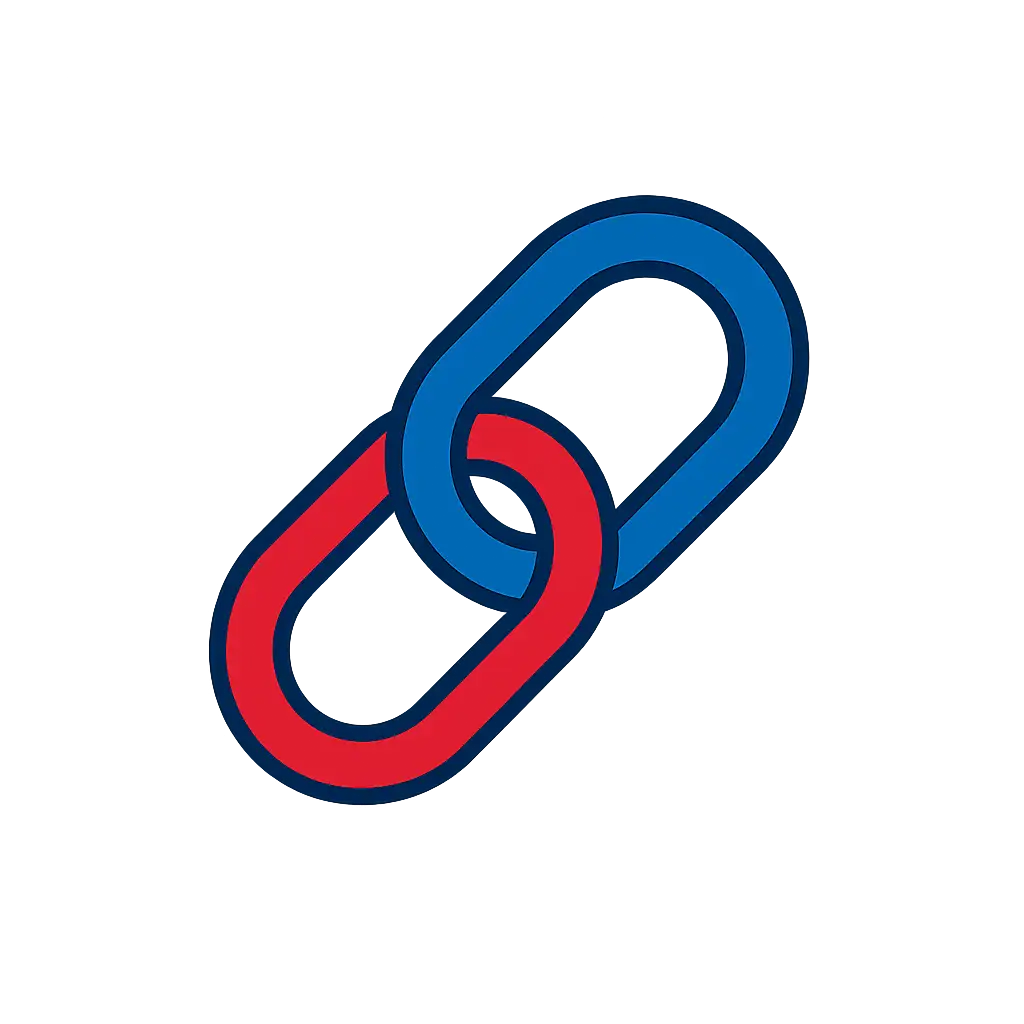 Verknüpfte Kettenglieder, eines rot und eines blau, symbolisieren eine Verbindung.