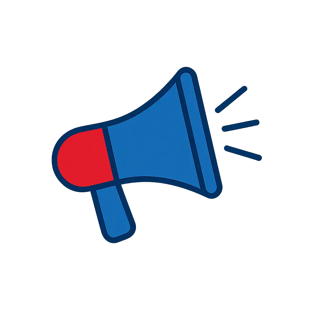 Blau-rotes Megafon mit Schallwellen auf dunklem Hintergrund.