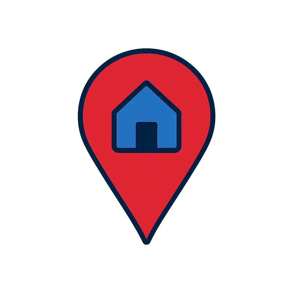 Roter Standortmarker mit einem blauen Haus-Symbol in der Mitte.