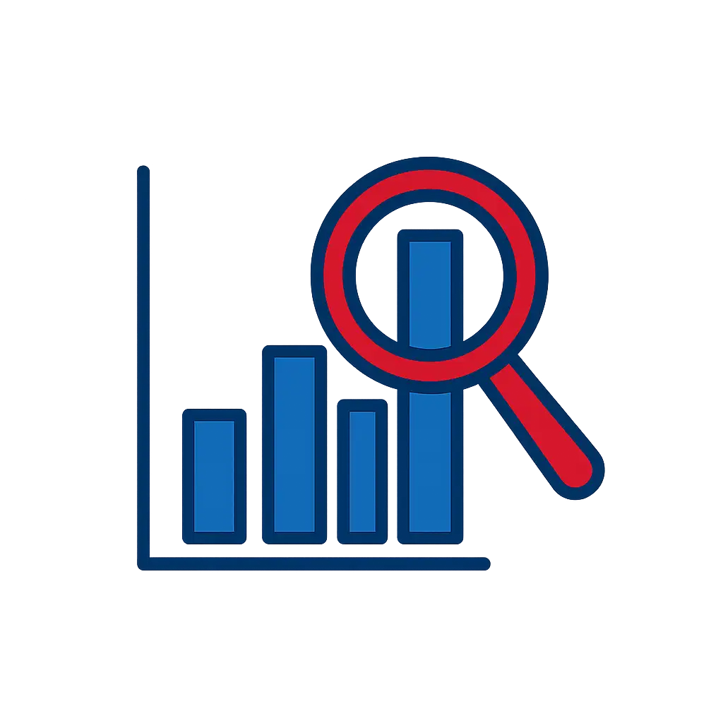 Balkendiagramm mit vier blauen Balken, der höchste Balken wird durch eine rote Lupe hervorgehoben.