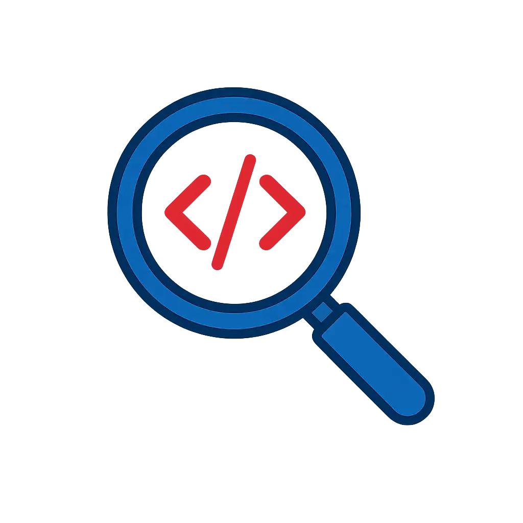 Blaue Lupe mit roten Programmiercode-Symbolen im Inneren auf schwarzem Hintergrund.