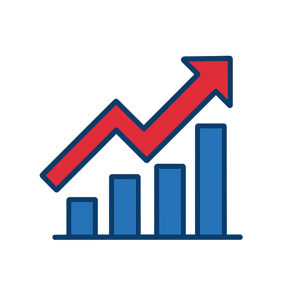 Balkendiagramm mit vier blauen Säulen und einem roten Aufwärtspfeil, der Wachstum zeigt.