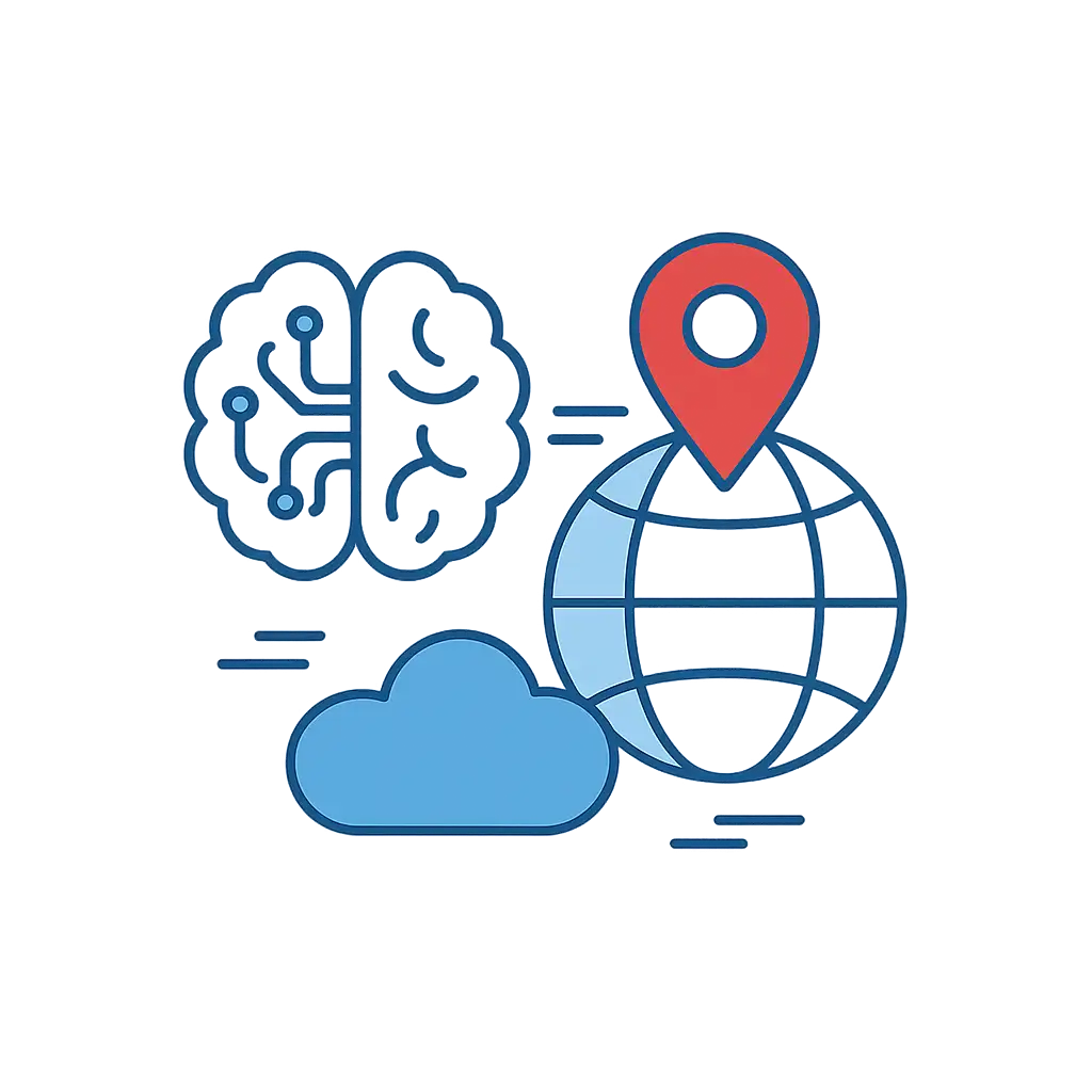 Illustration einer Gehirnhälfte mit Schaltkreisen, einer Wolke und einer Weltkugel mit rotem Standortmarker.