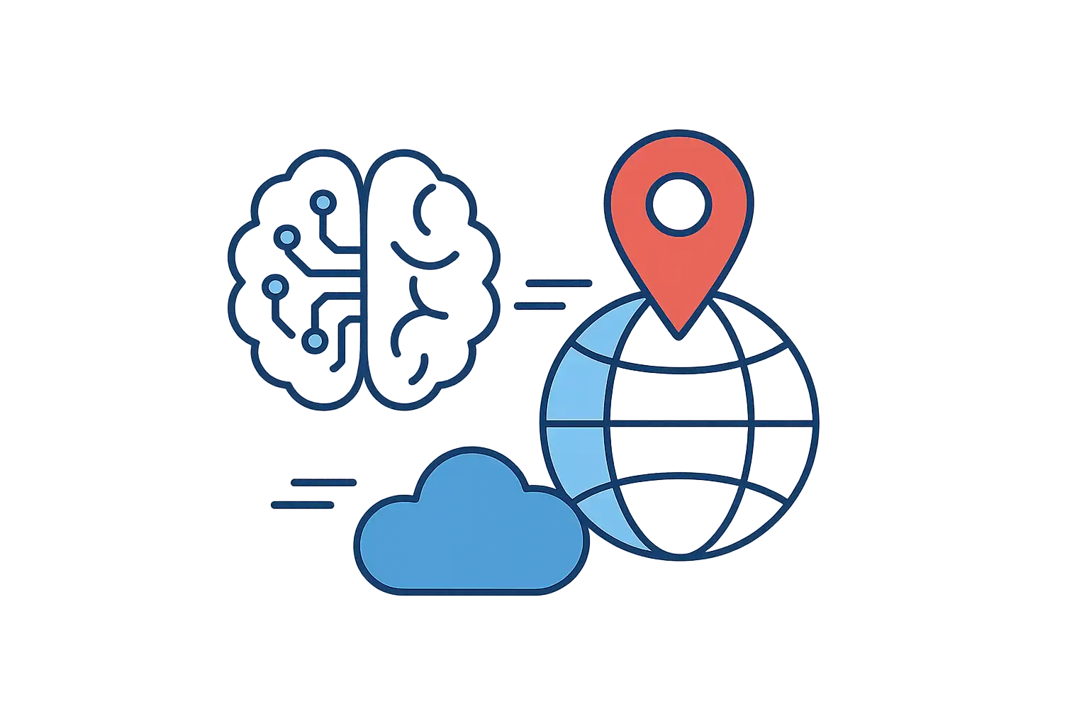 Illustration mit einer stilisierten Gehirnhälfte, einer Wolke, einer Weltkugel und einem roten Standort-Pin, die Datenverarbeitung und Geopositionierung symbolisieren.