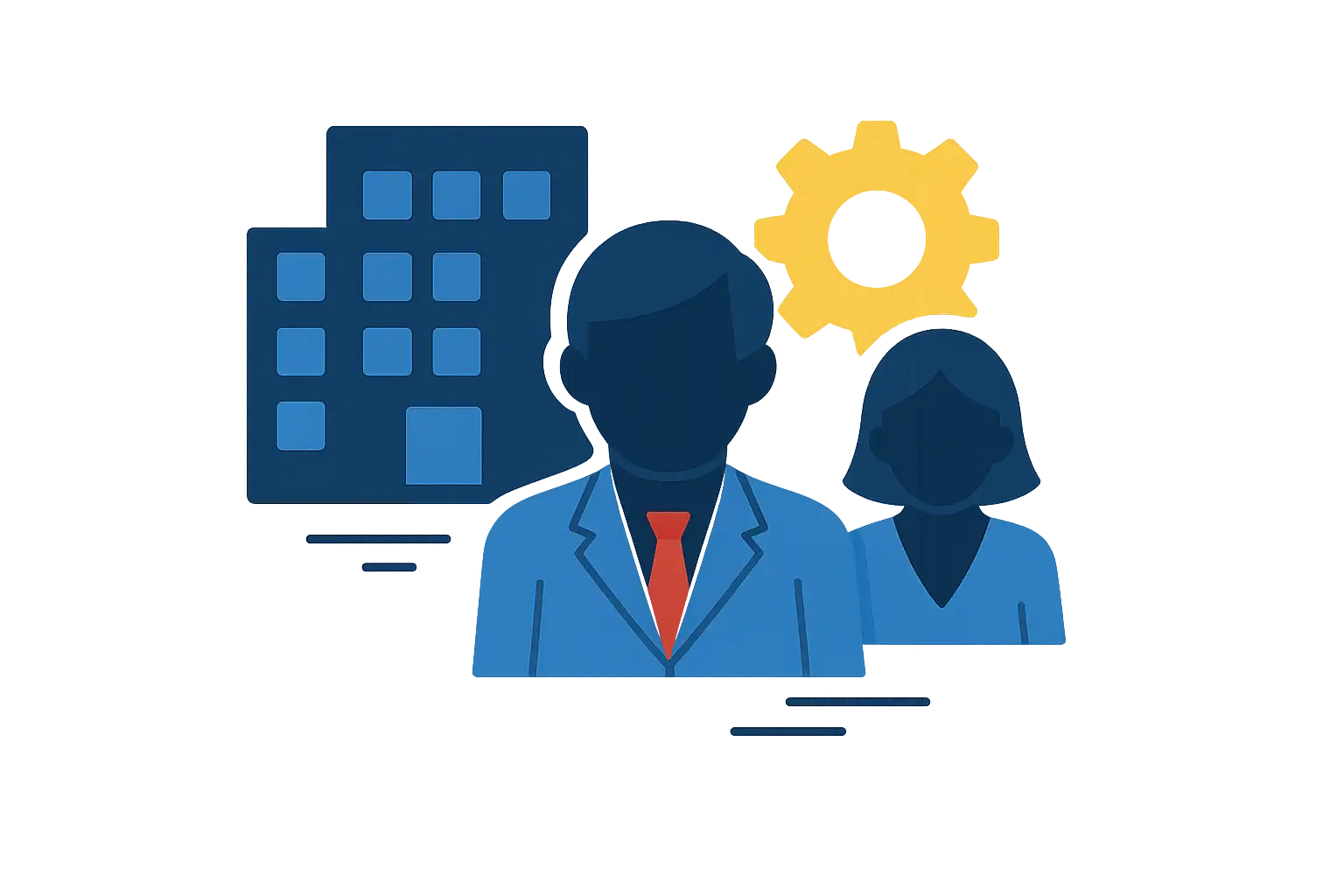 Illustration von zwei abstrakten Personen vor einem Gebäude und einem gelben Zahnrad, symbolisiert Geschäft und Technik.