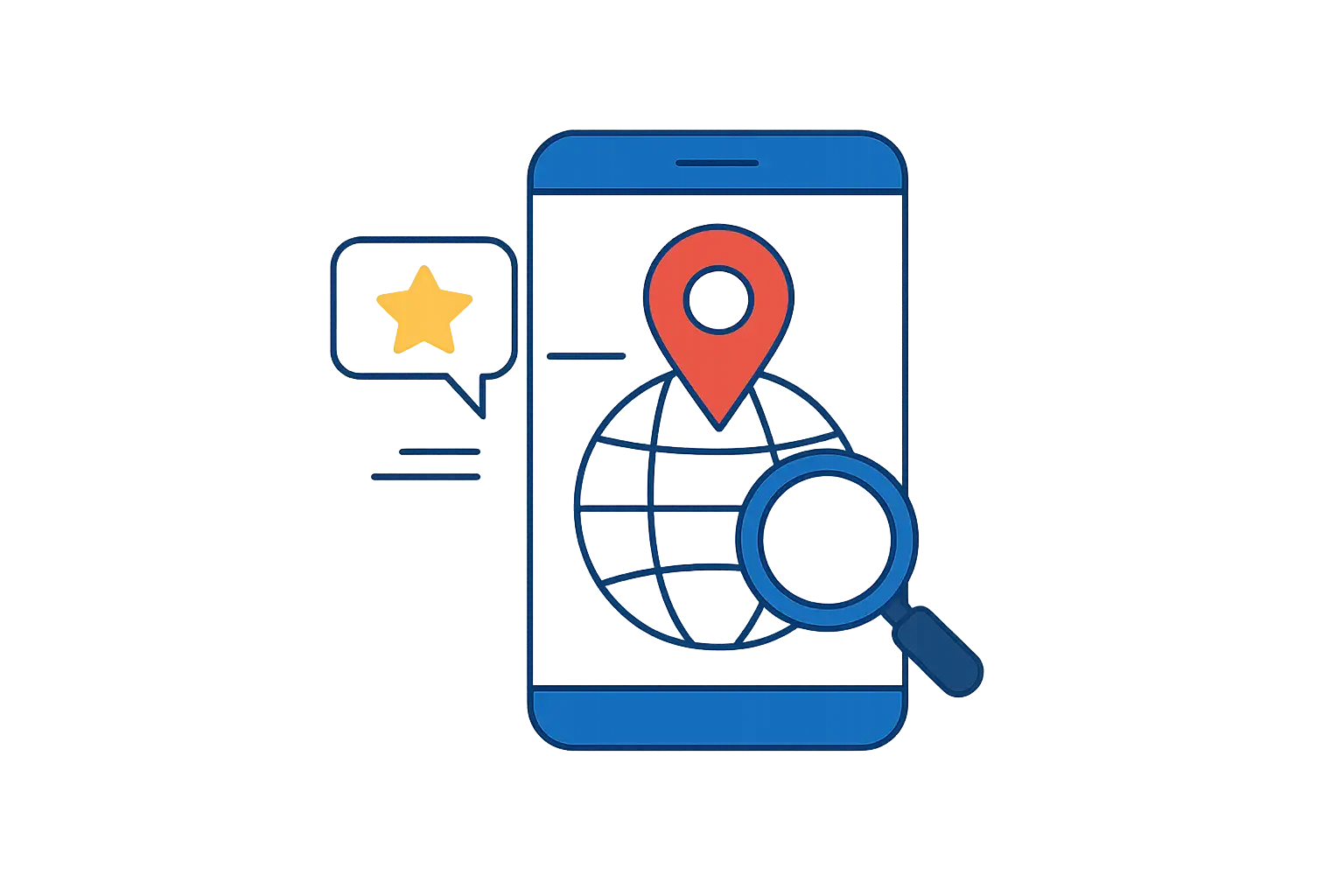 Illustration eines Smartphones mit einem Globus, einem Standortmarker und einer Lupe, daneben eine Sprechblase mit einem Stern.