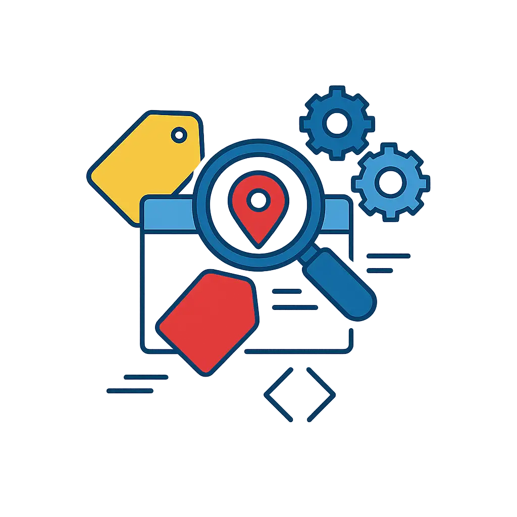 Lupe mit rotem Standortmarker vor Webseite und Zahnrädern, symbolisiert lokale Keyword-Optimierung.