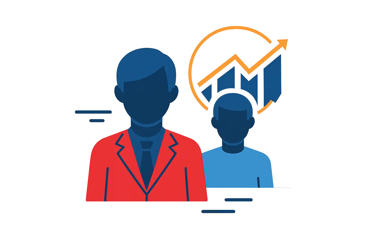 Zwei stilisierte Personen vor einem orangefarbenen Pfeil und Balkendiagramm im Hintergrund, das Wachstum darstellt.