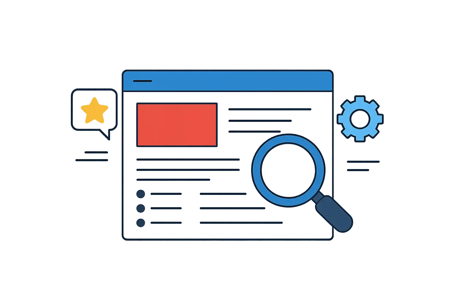 Illustration einer Webseite mit Lupe, Zahnradsymbol und Sprechblase mit Stern, die Such- und Einstellungsfunktionen symbolisieren.