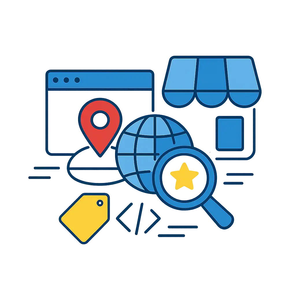 Grafik mit einem Globus, einer Lupe, einem Standortmarker, einem Preisschild, einem Marktplatz-Symbol und Code-Symbolen, die Online-Standortseiten und SEO darstellen.