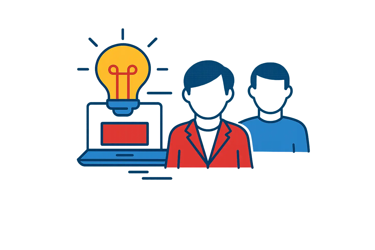 Illustration von zwei Personen vor einem Laptop mit einer leuchtenden Glühbirne, die eine Idee symbolisiert.