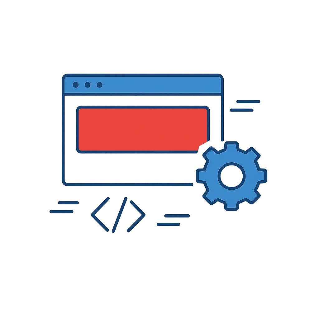 Illustration eines Browserfensters mit einem Zahnrad und einem Code-Symbol, die Webentwicklung oder Softwareeinstellungen darstellen.